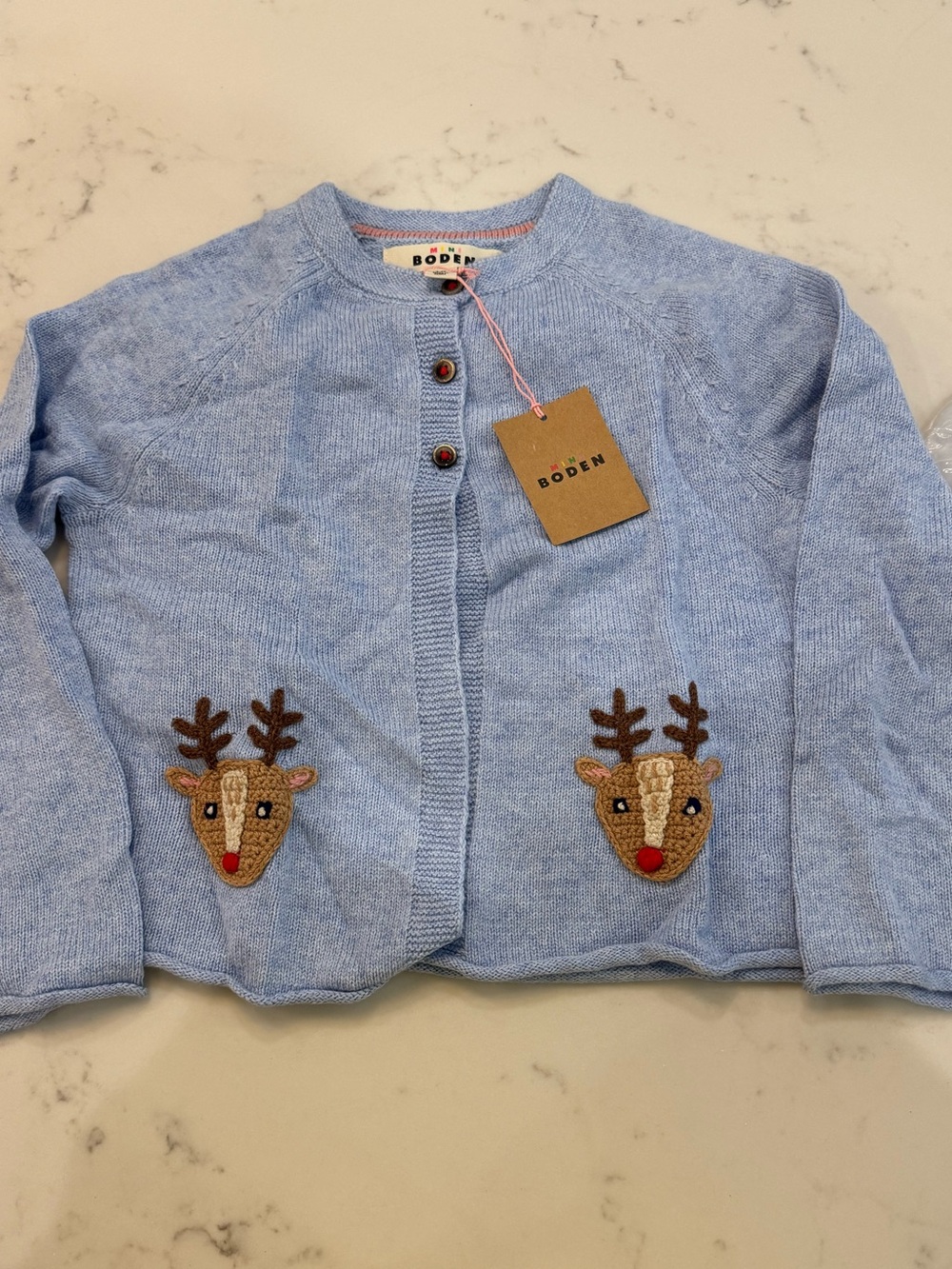 Boden Light Blue Knit Cardigan with Reindeer Pockets